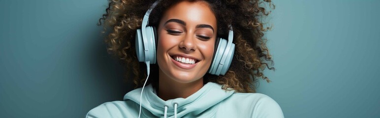 Banner with young afro woman listening in funny podcast on blue background - obrazy, fototapety, plakaty