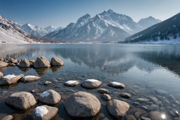 Fototapeta na wymiar rocks lake with mountains winter