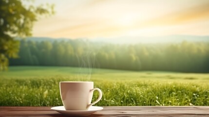 Portrait of a mug of hot chocolate or coffee against winter background with space for text, background image, generative AI
