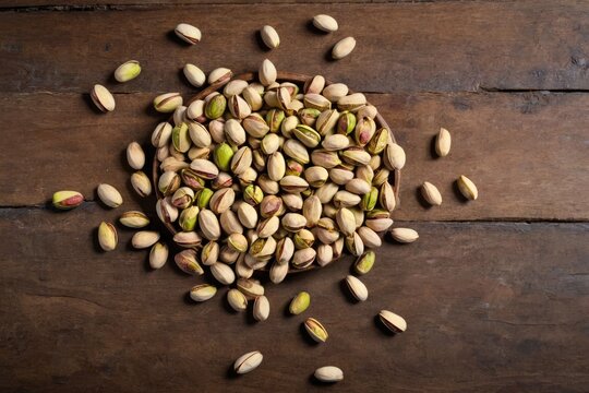 roasted pistachio nuts wooden table
