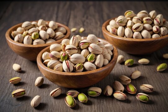 roasted pistachio nuts wooden bowls