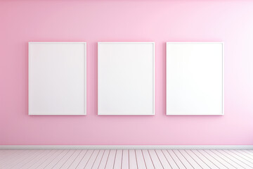 pink interior wall with three mockup image frames