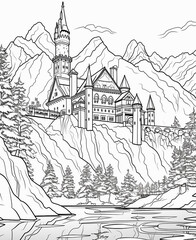coloring page for kids, Bavarian Alps, Germany, cartoon style, thick line, low detail