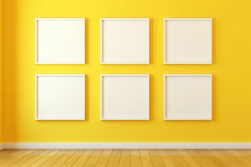 Fotobehang yellow interior wall with six squared mockup image frames © El Benedikt