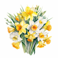 Fototapeta premium daffodils bouquet children's book watercolor illustration on white background