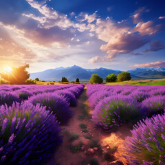A pathway through a lavender field with a view of distant mountains