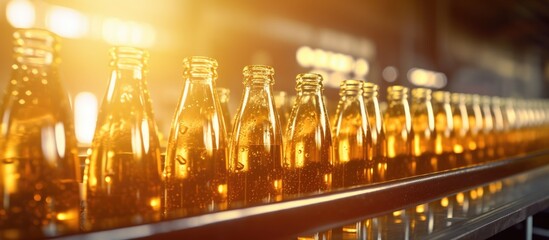 Beer being industrially produced with light filtered using glass bottles on a conveyor. - obrazy, fototapety, plakaty