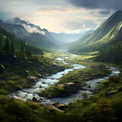 A peaceful river winding through a lush valley