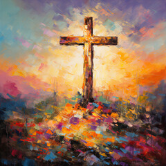 Impressionist Canvas Painting: Cross Highlighted with Soft Brush Strokes and Light Emphasis