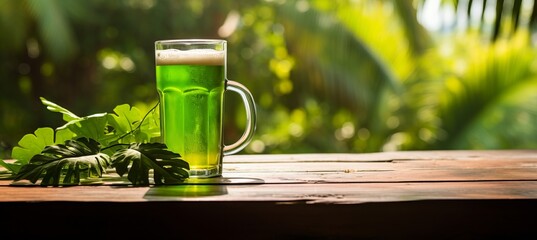 Green beer glass with stPatrick s day theme on blurred background, perfect for text placement