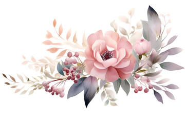 Watercolor floral illustration. Pink flowers and eucalyptus greenery bouquet. Dusty roses, soft light blush peony - border, wreath, frame isolated on white background. Generative AI.