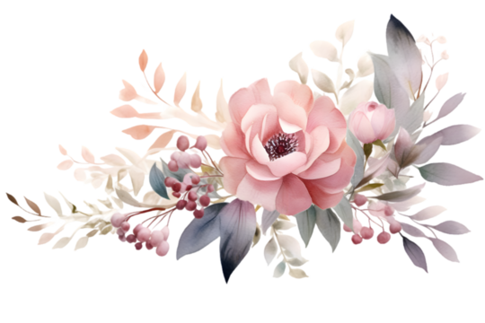Watercolor floral illustration. Pink flowers and eucalyptus greenery bouquet. Dusty roses, soft light blush peony - border, wreath, frame isolated on white background. Generative AI.