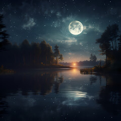 A serene night scene with a crescent moon reflected on a calm lake