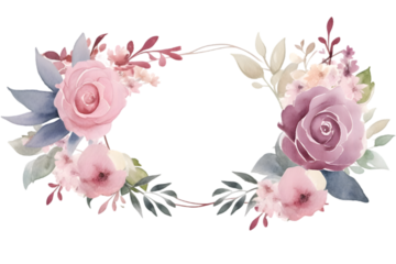 Watercolor flower frame Rose Eucalyptus. Template wedding invitation card. Rose metallic frame isolated on the white background. Generative AI.