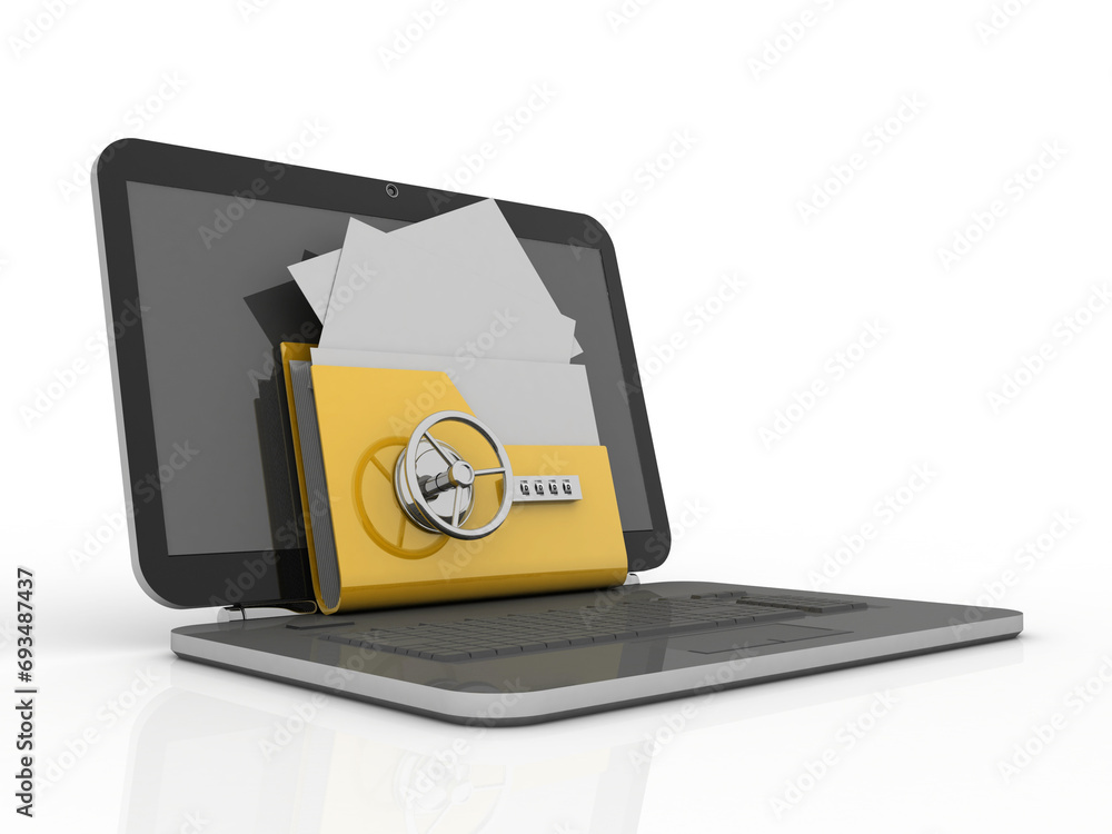 Poster 3d rendering yellow folder and lock on laptop. data security concept
