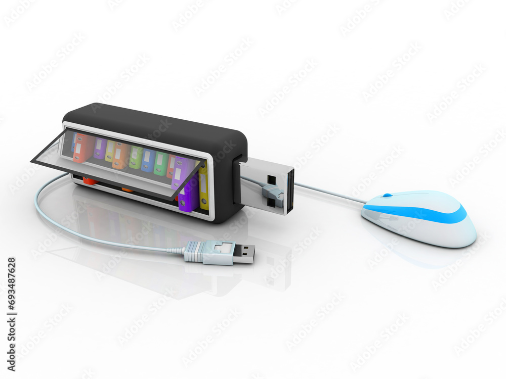 Poster 3d rendering office document binder with pen drive connected mouse