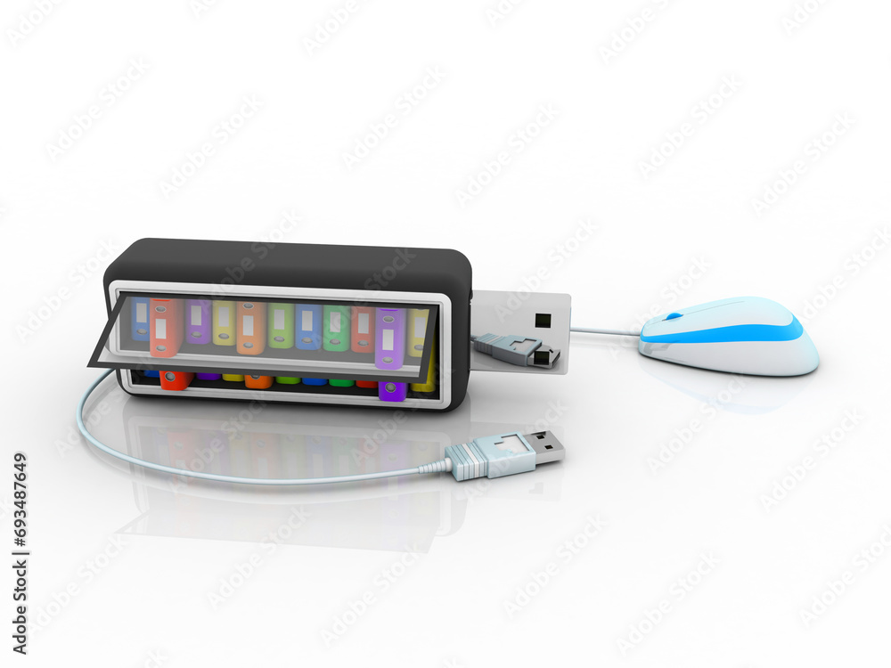 Poster 3d rendering office document binder with pen drive connected mouse
