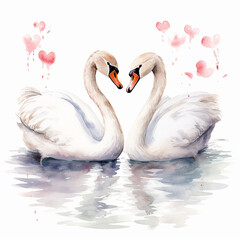 2 white swans Valentine's day watercolor illustation style on white background