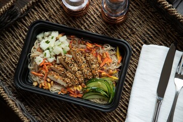 Overhead shot of crusted chicken with fresh vegetables