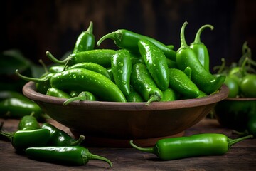 Freshly harvested green jalapeno peppers, the star of spicy cuisines, showcased in a wooden bowl
