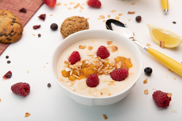 Yogurt with berries, and granola in a white bowl