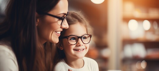 Girl trying glasses with ophthalmologist, blurred mother in background, copy space available - obrazy, fototapety, plakaty