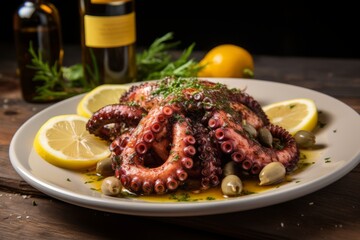 Deliciously prepared octopus marinated in herbs, paired with white wine on a wooden table