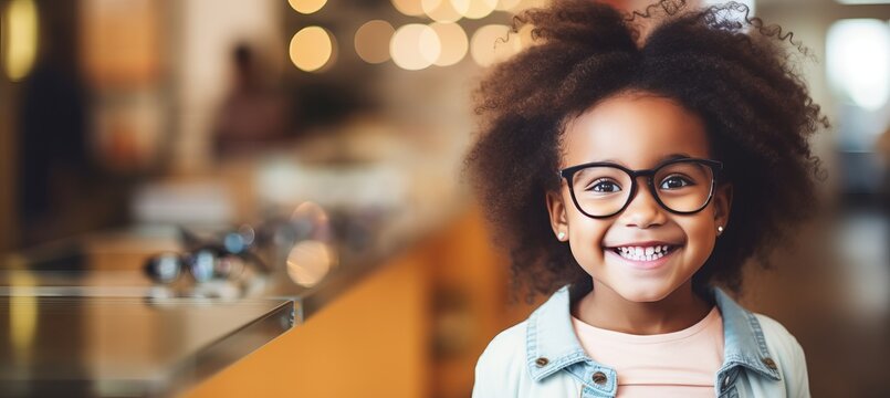 Optician fitting glasses on smiling girl in optical store with blurred mother  copy space for text