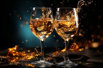 Two champagne glasses for special occasions on a dark background with golden highlights and a beautiful bokeh effect. Mockup .