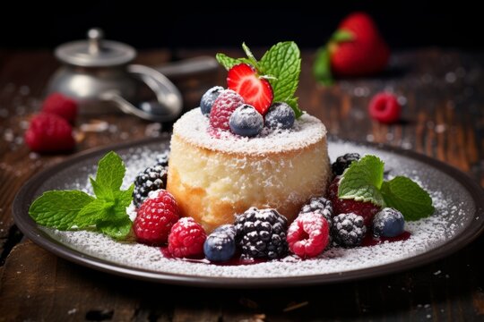 The traditional Italian dessert, Zuccotto, presented beautifully on a wooden table, adorned with fresh berries and powdered sugar