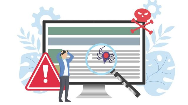 Virus detected on Website with Magnifying glass and warning Symbol. Online Security Concept Animation of malware Detection 