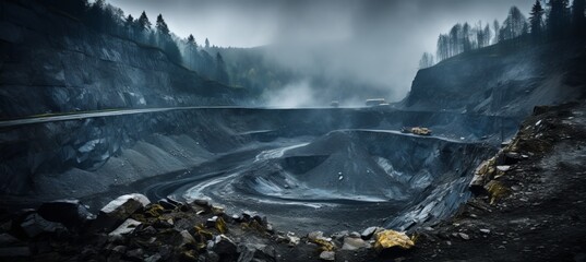 Massive open pit iron ore quarry mining operation with heavy machinery and mining equipment - obrazy, fototapety, plakaty
