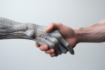 Stellar Unity: Close-Up Handshake Symbolizing Human and Alien Connection