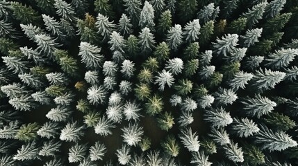 Aerial view of a serene winter forest landscape in norway, showcasing snow covered pine trees