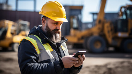 Smart Construction Project management system concept, Engineer using a digital tablet on a construction site.