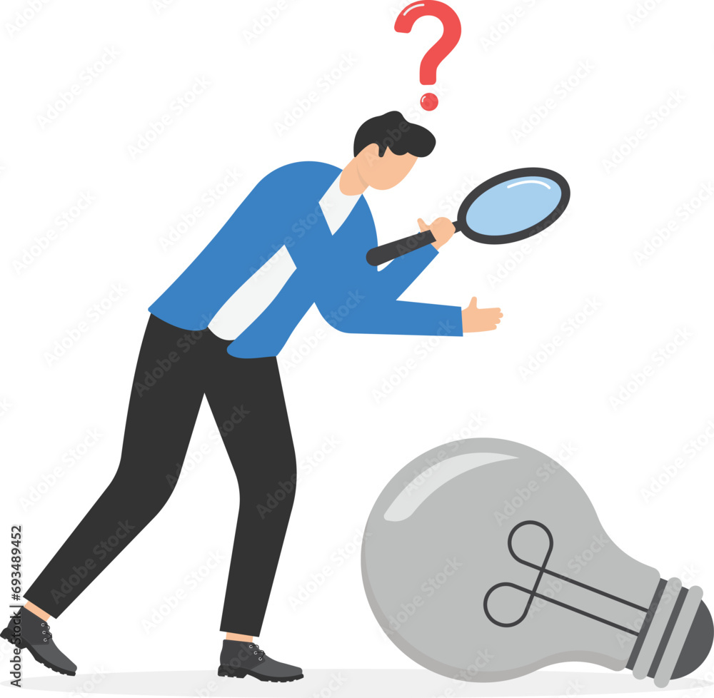 Poster business analyst using a magnifying glass to analyze question marks. find the answer. modern vector 