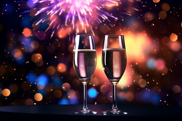 Two glasses of champagne toasting in the night with lights bokeh, glitter sparks firework background