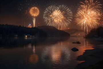 New Year's Eve, New Year with fireworks at a lake.