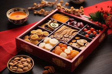 Traditional snack and desserts in chinese new year day, Snack box fruit, Local snack in china for celebrate celebration - obrazy, fototapety, plakaty