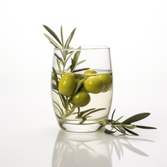 Olive branch in transparent oil with reflection