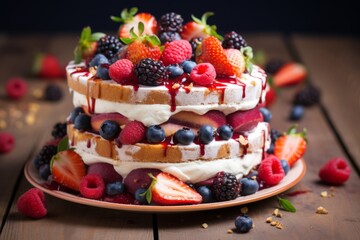 A homemade gourmet ice cream cake, beautifully presented on a rustic table, ready to delight at a birthday party