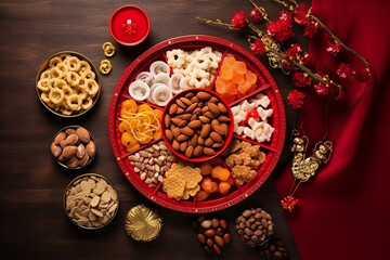 Fototapeta na wymiar Traditional snack and desserts in chinese new year day, Snack box fruit, Local snack in china for celebrate celebration