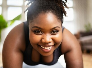 Black chubby woman doing push ups at home. Smiling face closeup. - obrazy, fototapety, plakaty