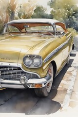 Classic car depicted in a watercolor artwork