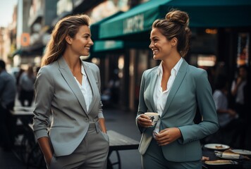 Two smiling businesswomen enjoying a city stroll