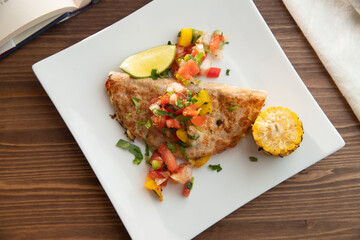 Quesadilla with grilled salsa and corn