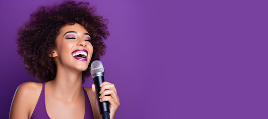 Woman with a Microphone Singing on a Purple Background with Space for Copy - obrazy, fototapety, plakaty