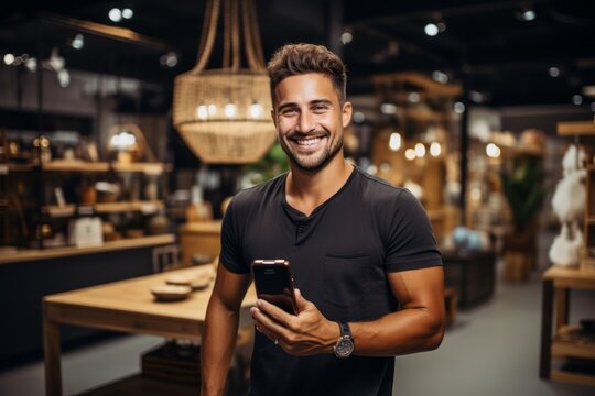 A happy, satisfied customer holds a mobile phone in his hands. A young handsome man stands against the background of blurred shop windows. The concept of shopping and impressions
