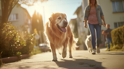 A family dog-walking routine in the neighborhood, family routine, blurred background, with copy space