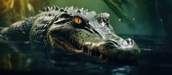 Fotobehang Dangerous close-up photo of a reptile with open eye and teeth in a green underwater setting, capturing wildlife crocodiles in a mangrove forest near a river. © AkuAku